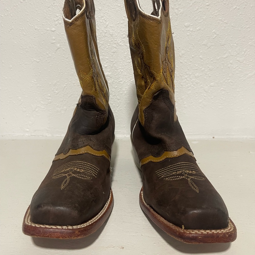 Tan and Brown Leather Cowboy Boots with Square Toe